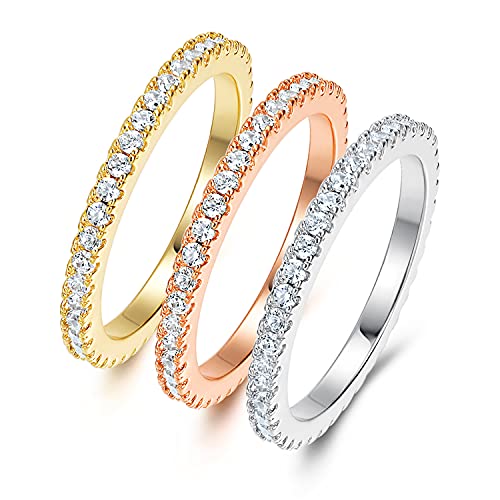 MDFUN 14K Gold Plated Full Eternity Band Ring for Women Round Cut Cubic Zirconia Stackable Wedding Band Anniversary Promise Ring - color: 3 PCS, size: 4.5
