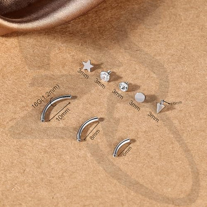 ZS Stainless Steel Eyebrow Piercing Jewelry Internal Thread Eyebrow Ring Labret Lip Jewelry Daith Rook Piercing Curved Barbell Belly Button Ring for Women Men 6mm/8mm/10mm - color: 5 Pairs Top, Sliver