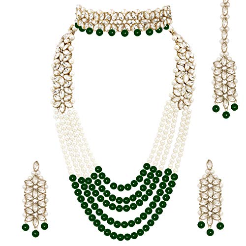 Aheli Wedding Party Wear Bridal Jewellery Choker Long Pearl Necklace Earrings Maang Tikka Indian Traditional Set Gift for Women - color: Green