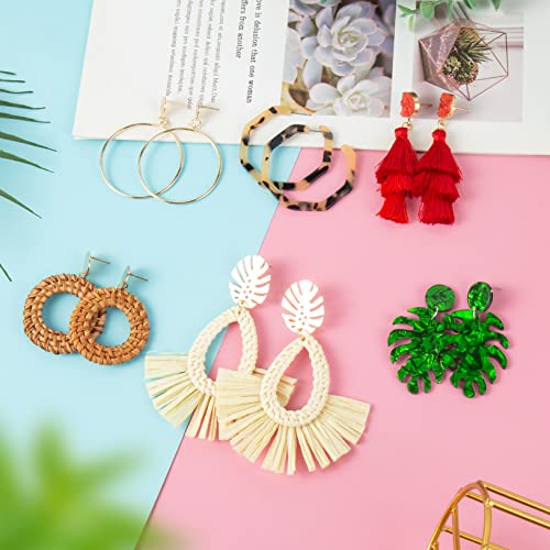 Ponpon 6-18 Pairs Earrings for Women, Lightweight Summer Earrings Straw Earrings Fashion Geometric Statement Hoop Dangle Drop Earrings for Women - style: Style A - 6 Pairs