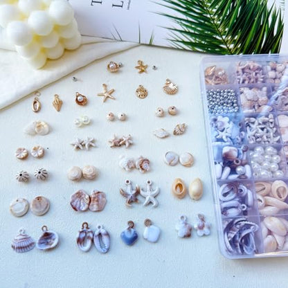 610Pcs Ocean Beads for Bracelets Making Kit, Shell Beads for Jewelry Making, Imitation Boho Shell Turtle Starfish Shape Sea Beach Bead Charms for Summer Sea Dangle Pendant Earring DIY Craft Necklace - color: Beige