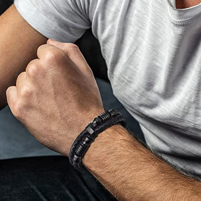 COOLSTEELANDBEYOND Mens Double-Row Braided Leather Bracelet Bangle Wristband with Black Stainless Steel Ornaments - color: A-Black