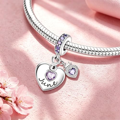 BLUELUNE Birthstone Charms, 925 Sterling Silver Dangle Charm with 5A Cubic Zirconia for Bracelets or Necklaces, Birthday, Mother's Day Present for Women - color: June