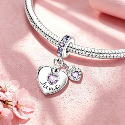 BLUELUNE Birthstone Charms, 925 Sterling Silver Dangle Charm with 5A Cubic Zirconia for Bracelets or Necklaces, Birthday, Mother's Day Present for Women - color: June