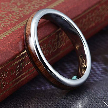THREE KEYS JEWELRY Tungsten Wedding Band Koa wood Inlay Black Domed | 4mm, 6mm, 8mm, Everyday Wear, Black, Domed, Koa wood inlay - color: Silver 4mm