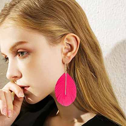GBAHFY Feather Leather Layered Fringe Earrings for Women Boho Genuine Lightweight Leather Leaf Tassel Dangle Statement Earrings with Metal Bar - color: Rose Red