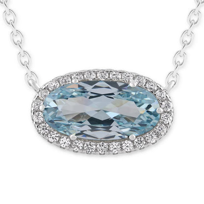 Belacqua Gemstone Necklace in Sterling Silver,Halo Pendant with Accent, Oval Cut 6 * 12mm, 15" Cable Chain with 2" Extender, Spring Ring Clasp, Dainty Birthstone Necklace for Women, Gift Box Included - color: 03-March-Aquamarine-Light Blue Sapphire