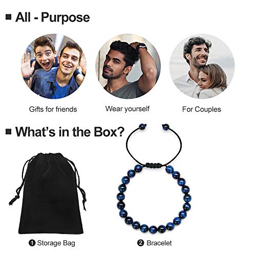 M MOOHAM Mens Bracelet - Beaded Natural Stone 8mm Tiger Eye Matte Agate Lava Rock Bracelets for Men Teen Boys Grandpa Dad Birthday Gifts Jewelry - style: Blue Tiger Eye Bracelet