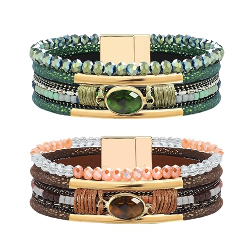 NEWITIN 2 Pieces Leather Wrap Bracelets for Women Leather Cuff Bangle Bracelets Boho Multi-Layer Bracelet Crystal Beads Bracelet for Women - color: Brown Green