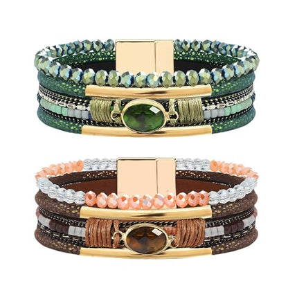 NEWITIN 2 Pieces Leather Wrap Bracelets for Women Leather Cuff Bangle Bracelets Boho Multi-Layer Bracelet Crystal Beads Bracelet for Women - color: Brown Green
