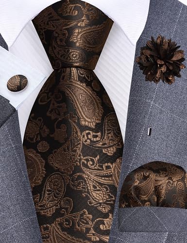 GUSLESON 3.15"（8cm） Mens Paisley Tie and Lapel Pin Necktie Hankerchief Cufflinks Set for Men - color: Dusty Brown
