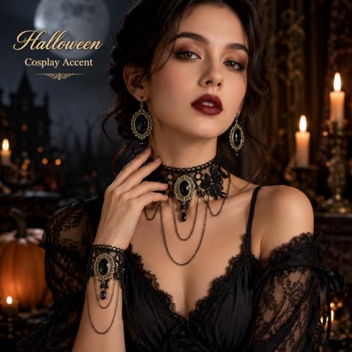 YANCHUN Halloween Gothic Jewelry Set Vampire Accessories Black Choker Necklace Bracelet Earrings Set Witch Cosplay Halloween Costume Accessories - color: 3pcs-Black