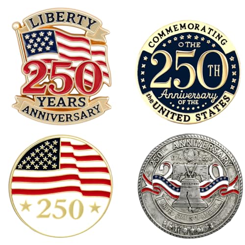 250 Patriotic Pins Set 4PCS 250th Anniversary Lapel Pins for Women Men 1776-2026 American Flag Liberty Bell Brooch Set Independence Day Enamel Pins for July 4th Patriotic Accessories