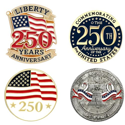 250 Patriotic Pins Set 4PCS 250th Anniversary Lapel Pins for Women Men 1776-2026 American Flag Liberty Bell Brooch Set Independence Day Enamel Pins for July 4th Patriotic Accessories