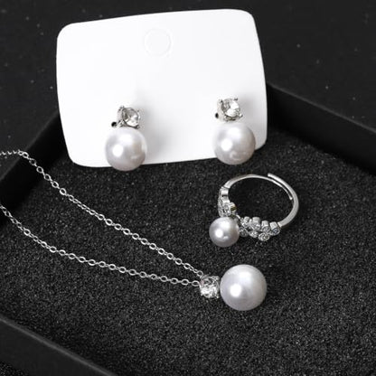 NEWITIN 15 Pieces Pearl Jewelry Set for Women Wedding Costume Accessories | Hypoallergenic, Cubic Zirconia, CZ Necklaces Earrings Bracelets Rings, Silver Jewelry for Wedding Bride Bridesmaid Party Prom - color: Silver Pearl B