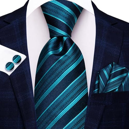 Hi-Tie Men 63inches Tie Set Extra Long Necktie Paisley Tie Pocket Suqare Cufflinks Big and Tall Men Tie - color: Blue Teal