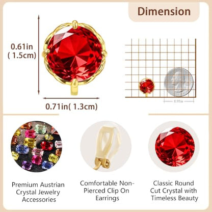 Round Austrian Crystal Clip On Earrings for Women Non Pierced Earrings, Hypoallergenic Clip-on Earrings Jewelry Gift for Sensitive Ears - color: Red