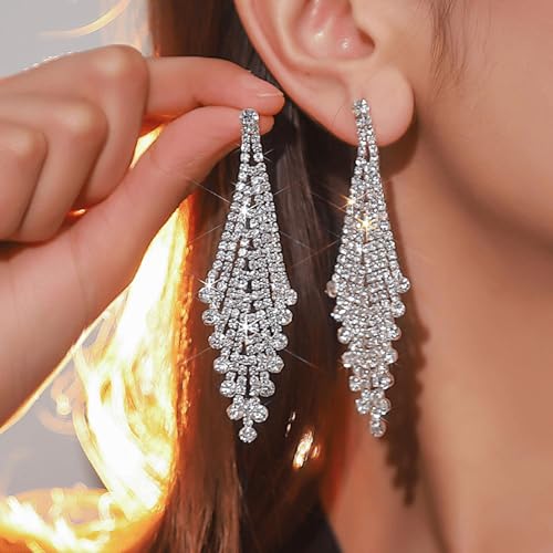 Rhinestone Earrings Prom Earrings for Women Sparkly Long Tassel Chandelier Drop Statement Earring Jewerly Gifts Wedding Party Prom Dresses Accessories - color: A6:silver dangle earrings