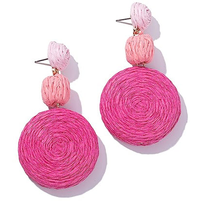Statement Raffia Boho Round Dangle Ball Earrings - Cute Handmade Summer Bohemian Dangling Jewelry for Women - color: 3Pink