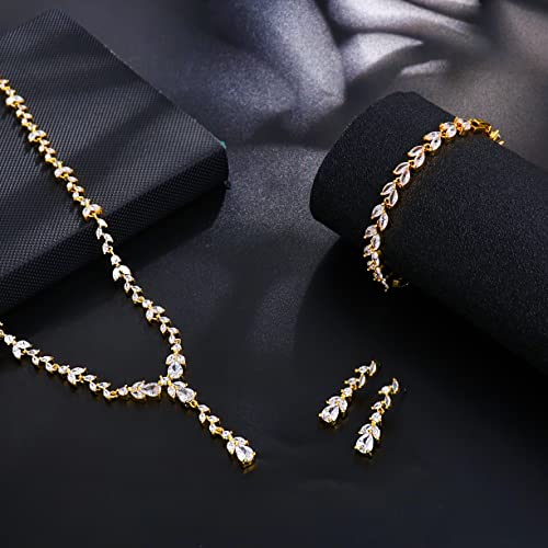 Bridal Wedding Jewelry CZ Set Marquise Teardrop Cubic Zirconia Pendant Necklace and Dangle Earring Bracelet Sets for Women - color: Gold plated - 03