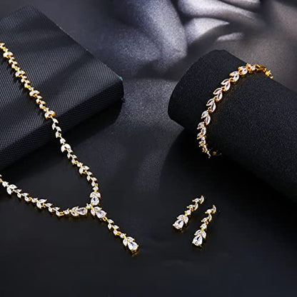 Bridal Wedding Jewelry CZ Set Marquise Teardrop Cubic Zirconia Pendant Necklace and Dangle Earring Bracelet Sets for Women - color: Gold plated - 03