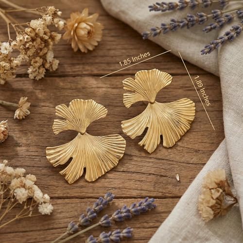 Chunky Gold Plated Flower Statement Drop Earrings for Women | Hypoallergenic 18K Gold Plated Textured Petal Wing, Large Statement Dangle Earrings for Wedding Party - color: Gold Ginkgo Leaf-C