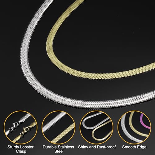 HARFINGTON Herringbone Necklaces Stainless Steel Snake Chain Necklace Adjustable Flat Chain for Jewelry Gift - color: Silver, size: 20" x 0.16"