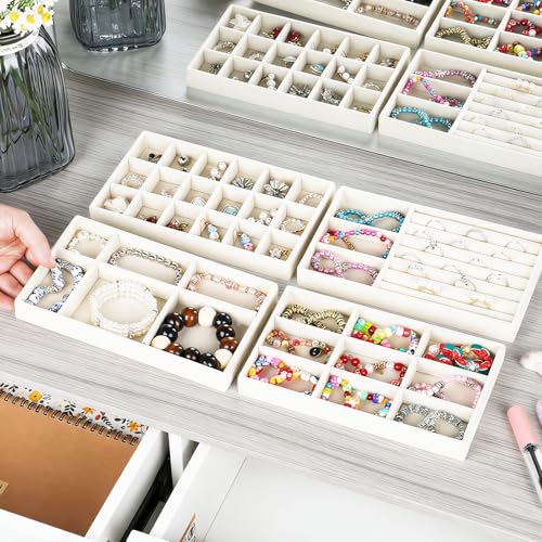 8 PCS Velvet Jewelry Trays, Stackable Jewelry Organizer Trays for Drawer | Multi Grid Earring Tray for Storing Necklaces, Rings, Earrings, Dressing Tables and Drawers-4 Styles, 8.3 x 4.9 Inch