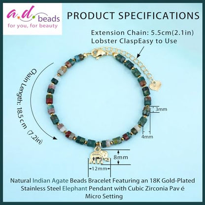 Natural Gemstone Healing Crystal Dainty Charms Bracelet Adjustable Chain Extender Minimalist Jewelry - color: Indian Agate + Elephant