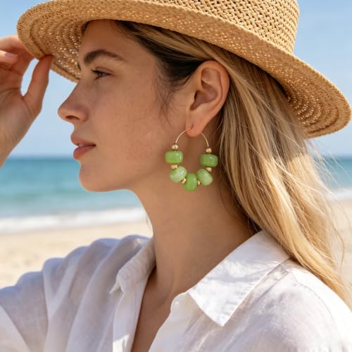 Colorful Beaded Earrings for Women Beaded Hoop Earrings | Chunky Acrylic Resin Boho Statement Drop Earrings Trendy Summer Beach Jewelry Accessories Gifts - color: Green