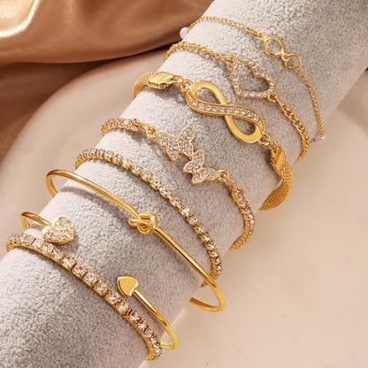 Golden Bangle Bracelets Set for Women, 14k Gold-Plated Multi Layer Stackable Cuff Bracelets, Personalized Boho Non Tarnish Adjustable Bangle Jewelry Gift for Her - color: 8PCS Gold Heart Bracelet