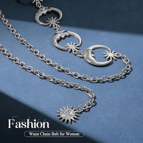 Chain Belt for Women Fashion Metal Waist Chain Belt for Dress Jeans - size: Fit Waist Up to 45'', style: Silver-moon
