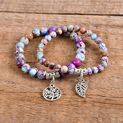 YGLINE Tree of Life Yoga Healing Stone Bracelets,Multilayer Lotus Chakra Stone Reiki Bracelet Sets,Anxiety Crystal Natural Stone,for Women Stress Relief - color: King Jasper-2w