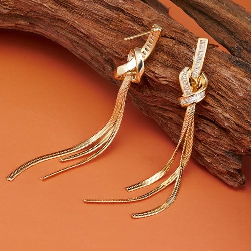 Dangle Earrings for Women, Sparkly Rhinestone Long Tassel Chain Earrings | 18K Gold or 18K White Gold Plated, 925 Sterling Silver Posts, Cubic Zirconia, Hypoallergenic, Tarnish Resistant, Lightweight - color: Gold