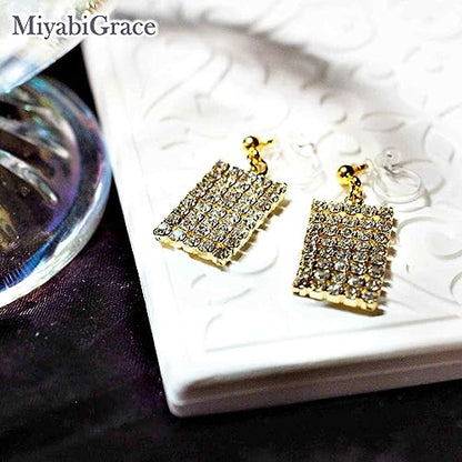 Dangle Silver Invisible Clip On Earrings for Women Not Pierced Gold Crystal Rhinestone Comfortable Hoop Fringe Long Chain Clip On Earrings - color: Rectangular Gold