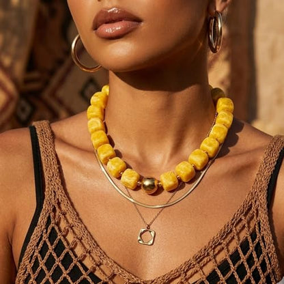 Mchic Colorful Beaded Choker Necklace for Women: Boho Large Square Acrylic Beaded Necklace Stainless Steel Adjustable Surfer Beach Strand Necklaces Summer Handmade Jewelry Gift for Women - color: Yellow