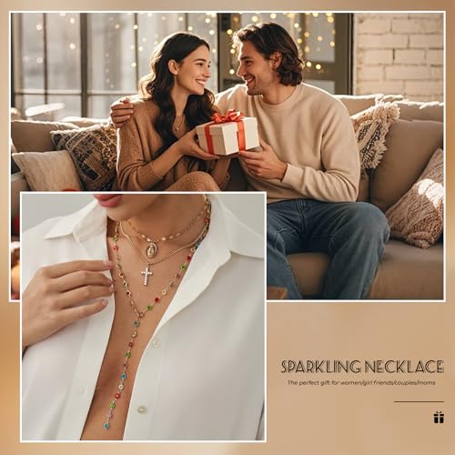 Layered Cross Necklace Set for Women, Layered Choker Necklaces Trendy Jewelry, Colorful Enamel Beaded Y-Shaped Lariat Necklace, Boho Multilayer Cross Necklace for Party and Daily Wear - color: Gold-12