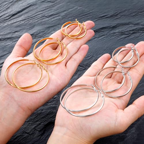 5/12 Pairs Gold Silver Plated Hoop Earrings for Women, Hypoallergenic Stainless Steel Hoops Earrings Set, Lightweight Large Small Hoops Women Earrings Loop Earrings Set - color: 6 Pairs Silver Gold Plated Flat Round Shape Hoop Earrings