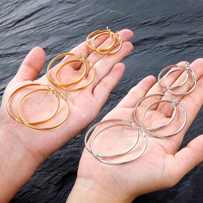 5/12 Pairs Gold Silver Plated Hoop Earrings for Women, Hypoallergenic Stainless Steel Hoops Earrings Set, Lightweight Large Small Hoops Women Earrings Loop Earrings Set - color: 6 Pairs Silver Gold Plated Flat Round Shape Hoop Earrings