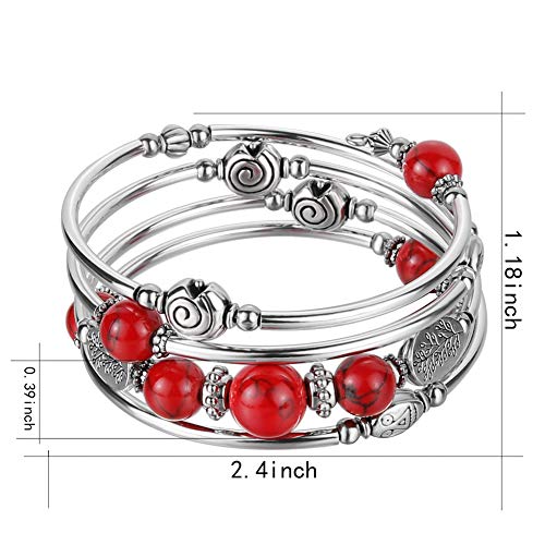Beaded Pearl Bangle Wrap Bracelet - Fashion Bohemian Jewelry Multilayer Charm Bracelet with Thick Silver Metal Beads, Gift For Women - color: 13-Red