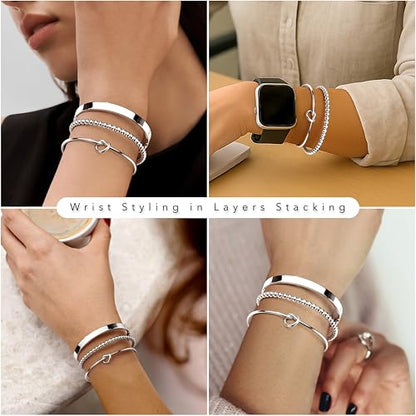 925 Sterling Silver Bracelets for Women Stack, Trendy Tennis Bangle Cuff Jewelry Set 14K Gold Plated, Adjustable Bracelet Set for Wrist Essentials, Women Fashion Watch Band Acecessories - style: Braccelet_4pcs_03Silver