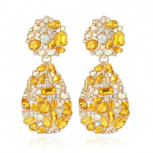 Rhinestone Statement Earrings Teardrop Costume Earrings Cluster Crystal Chandelier Drop Dangle Earrings for Women - color: Golden Yellow