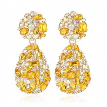 Rhinestone Statement Earrings Teardrop Costume Earrings Cluster Crystal Chandelier Drop Dangle Earrings for Women - color: Golden Yellow