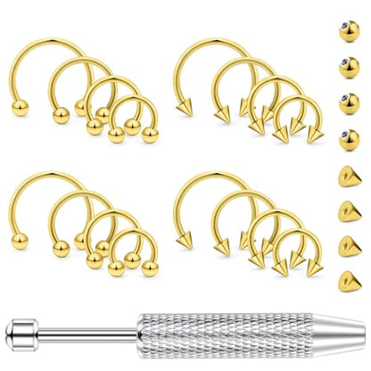 Hoeudjo 16G Horseshoe Septum Rings with Ball Grabber Tool Hypoallergenic Surgical Steel Septum Piercing Jewelry Lip Rings Smiley Piercing Jewelry for Women Men Diameter 6mm 8mm 10mm 12mm - color: goldtone