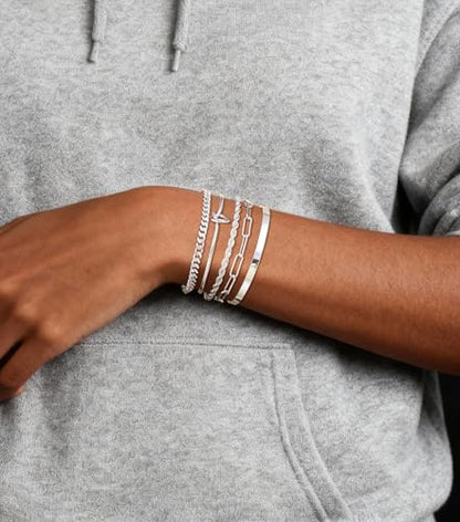 14K Gold Plated Stackable Bangle Bracelets Set for Women | Cuff Bracelet Stackable Bangles Bracelet for Women Trendy Fashion Accessories Tie Knot Cuban Rope Paperclip Beaded Bracelets - color: 5-layer F SL