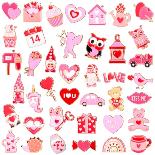 Giegxin 40 Pcs Valentines Day Enamel Pins for Women Pink Backpack Brooch Cute Heart Rose Gnome Love Cupid Lip Bear Lapel Pins Valentines Day Gifts - style: Heart