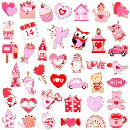 Giegxin 40 Pcs Valentines Day Enamel Pins for Women Pink Backpack Brooch Cute Heart Rose Gnome Love Cupid Lip Bear Lapel Pins Valentines Day Gifts - style: Heart