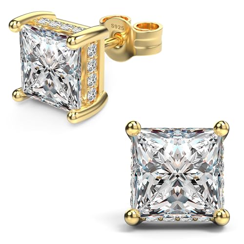 Princess Cut Cubic Zirconia Stud Earrings for Men Women | Square CZ Simulated Diamond Studs, 18K White Gold Plated Sterling Silver, Hypoallergenic - color: Gold, size: 7MM