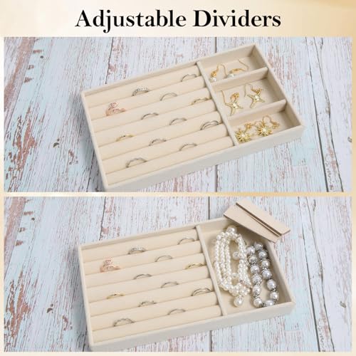 Jewelry Box Insert Organizer for Drawer, Stackable Trays Velvet Jewelry Drawer Inserts, Ring Earring Stud Necklace Holder Display Storage Case(Beige, 8.3 x 4.9in) - color: Beige
