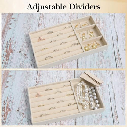 Jewelry Box Insert Organizer for Drawer, Stackable Trays Velvet Jewelry Drawer Inserts, Ring Earring Stud Necklace Holder Display Storage Case(Beige, 8.3 x 4.9in) - color: Beige